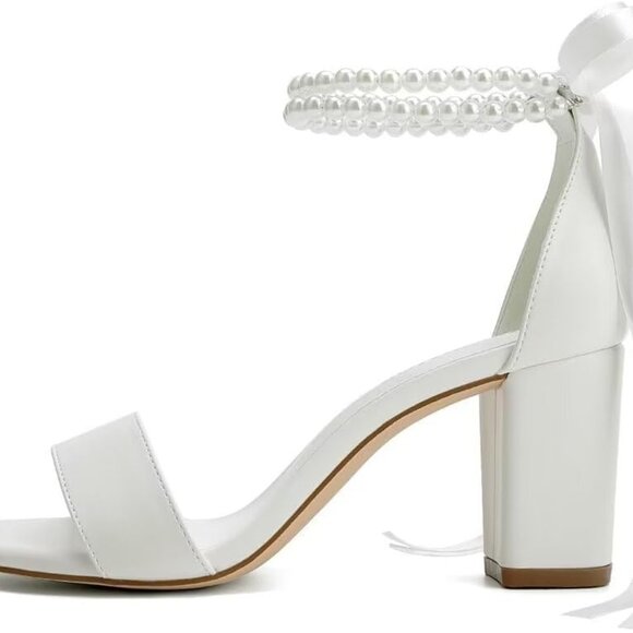 Block Heel Wedding Shoes Women Pearl Bridal Sandals Open Toe Comfort - Picture 3 of 5